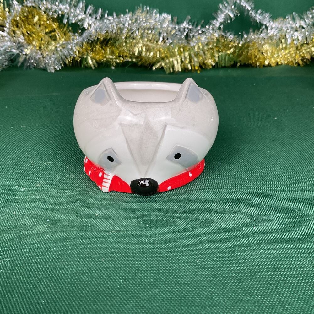Raccoon Ceramic Planter Bowl Dish Red Polka Dot Scarf Winter Holiday Candy Cup